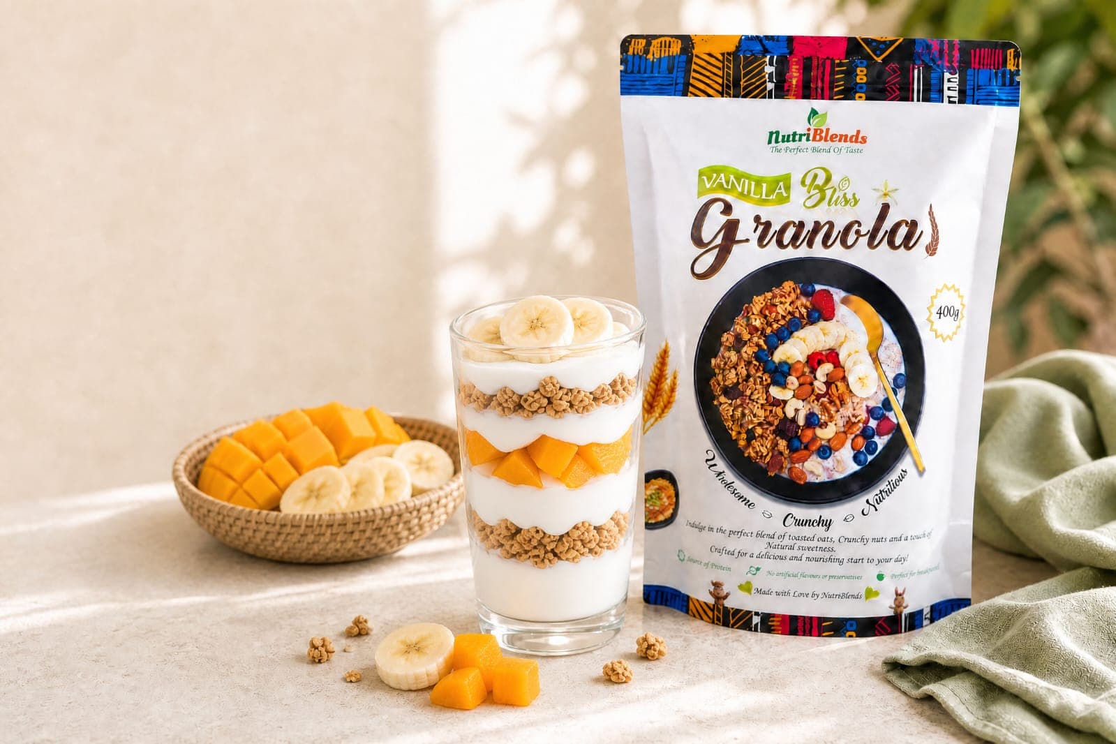 Mango, banana & granola parfait
