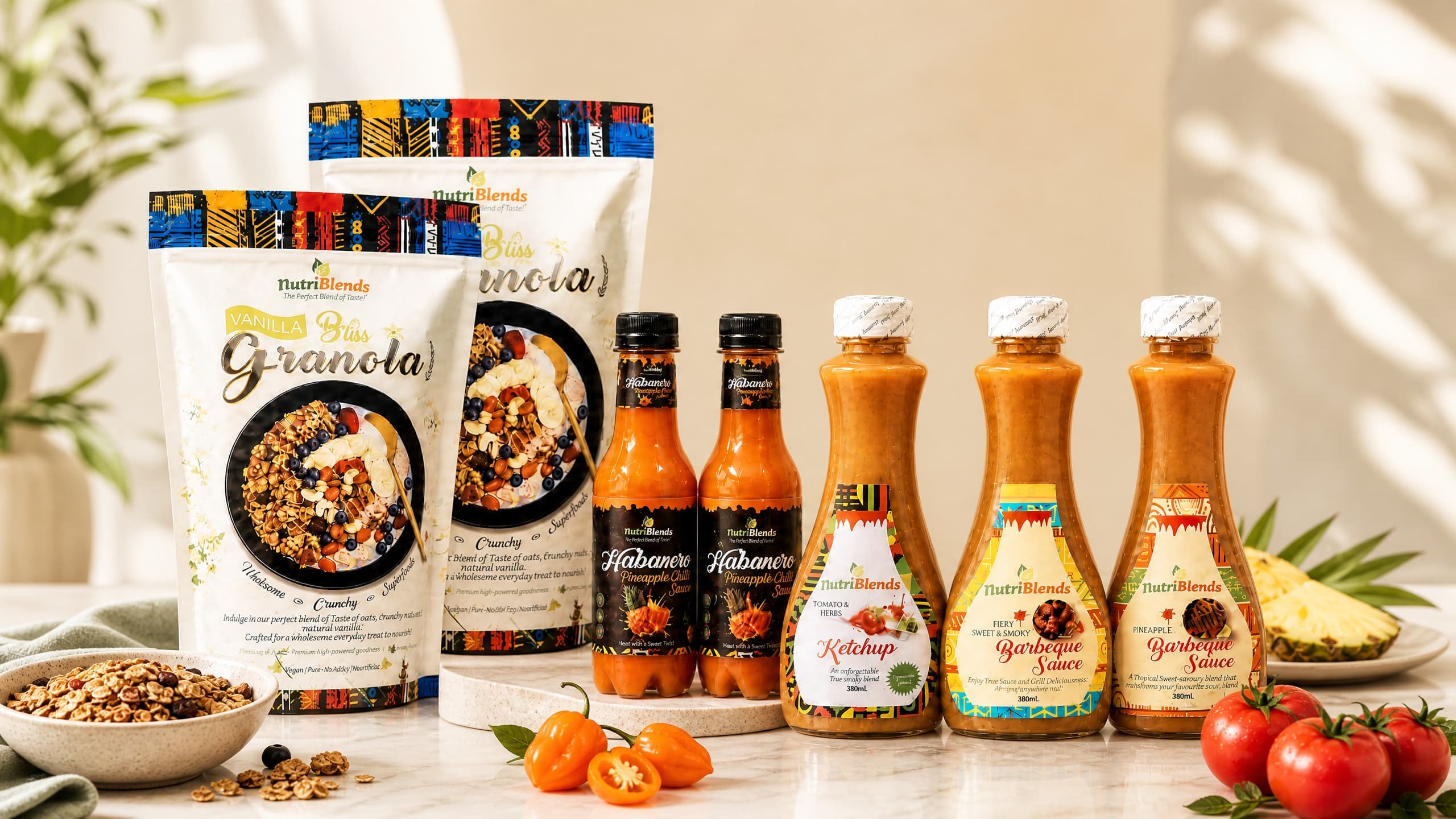 Wholesome food spread with sauces and grains